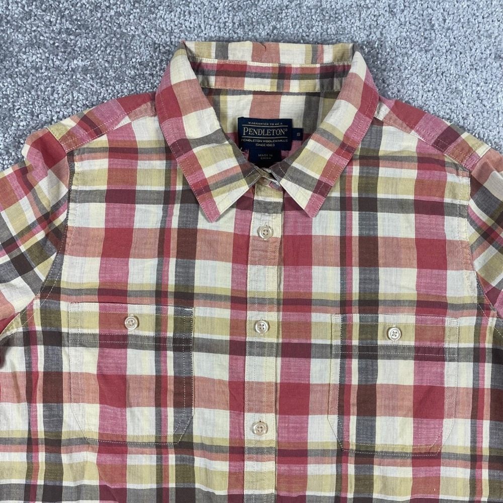 Pendleton‎ Button Up Shirt Womens Small Plaid Cotton Long Sleeve Red Tan Green